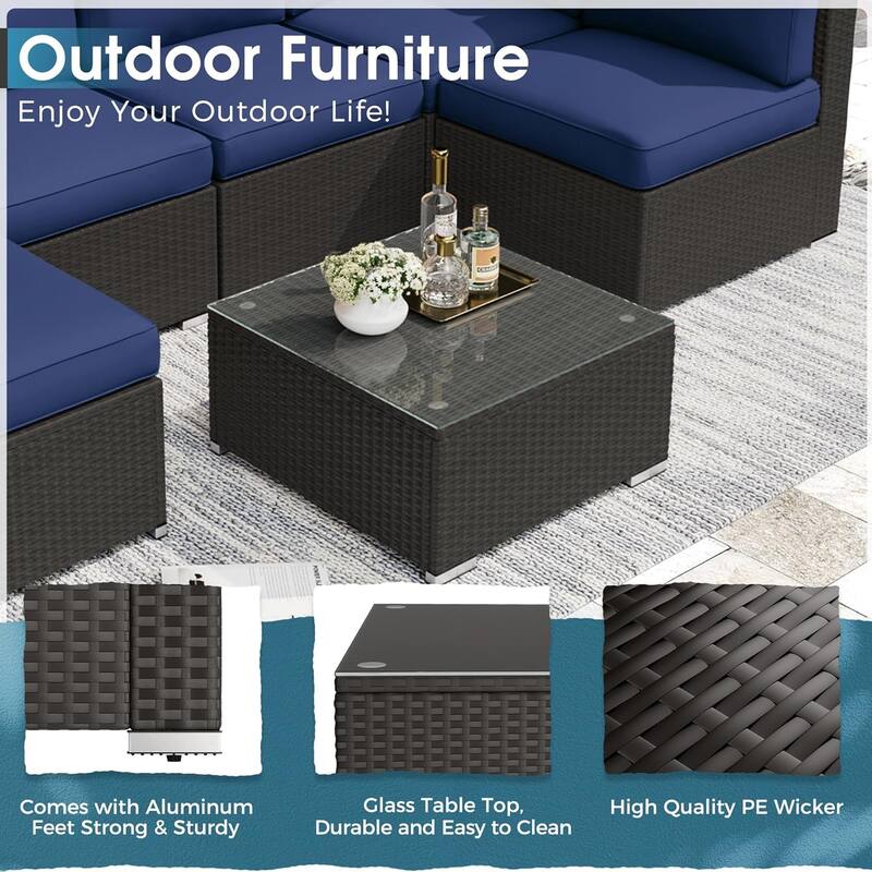 7 Piece Outdoor Patio Furniture Set Grey/Black Wicker Conversation Sectional Sofa Set with Coffee Table and Cushions