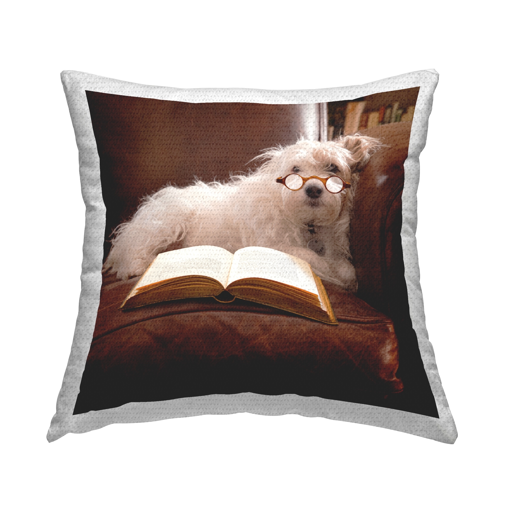 Stupell Dog in Glasses Reading Book Printed Outdoor Throw Pillow Design by Michael Quackenbush