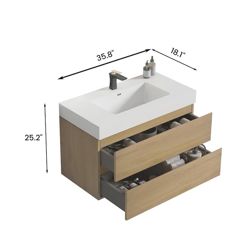 Single Sink Wall-Mounted Bath Vanity in Oak with White Solid Surface Top