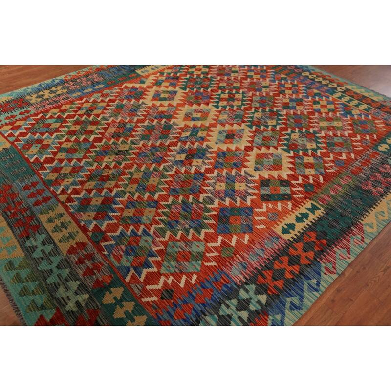 Kilim Oriental Area Rug Hand-Woven Geometric Wool Carpet - 8'3"x 9'8"
