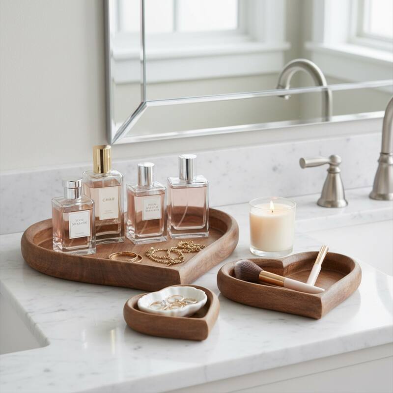 Heart-Shaped Tray with Rich Wood Grain Detail - Decorative Tray for Office and Home Decor