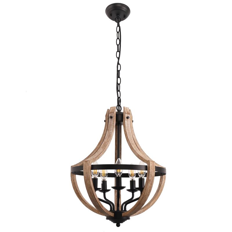 YANSUN 5-Light Anchor-Shaped Geometric Chandelier, E12 Sockets, Dark Wood and Matte Black Metal for Rustic Lighting