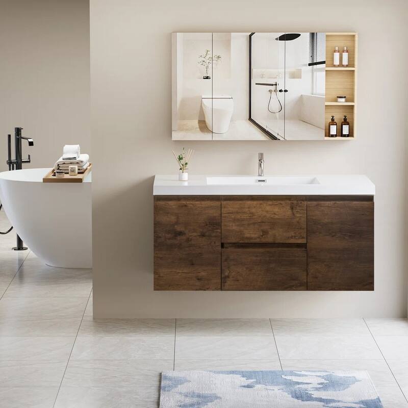 ABRUZZO 48" Floating Bathroom Vanity with Integrated Resin Top Basin 2 Cabinets 2 Soft Close Drawers Full Assembly