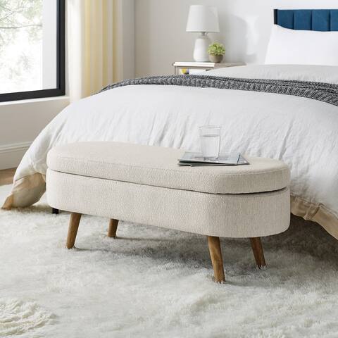 Bed Stool Oval Storage Bench, Rubber Wood Legs, Beige