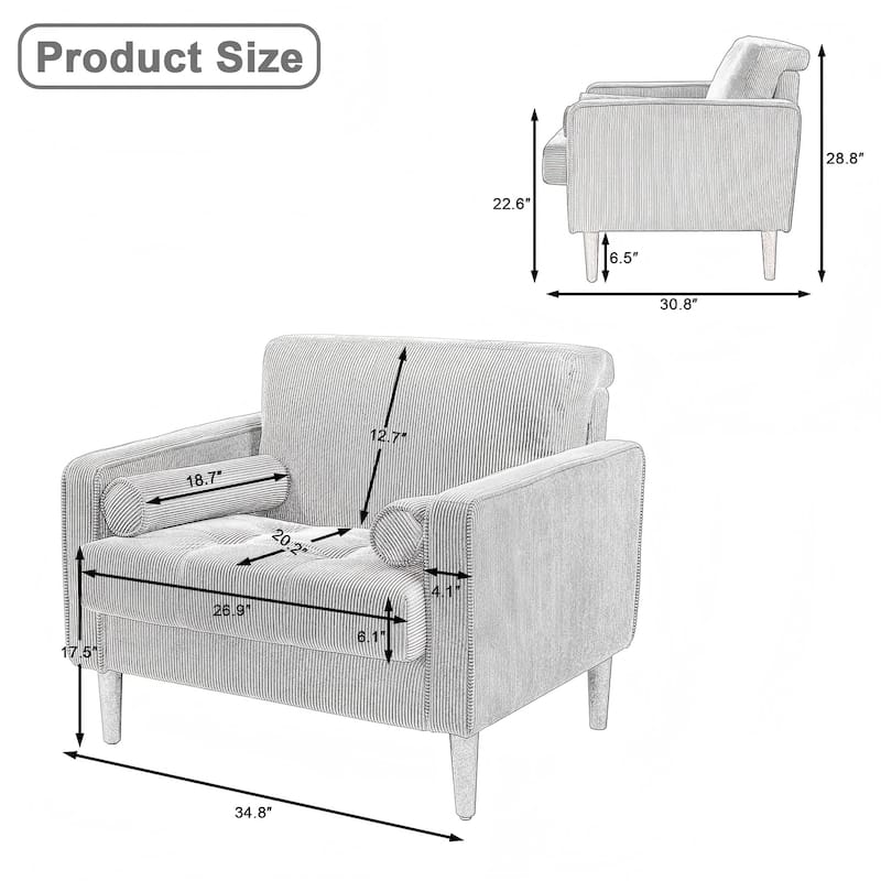 Modern Upholstered Corduroy Accent Chair With Arms Pillows