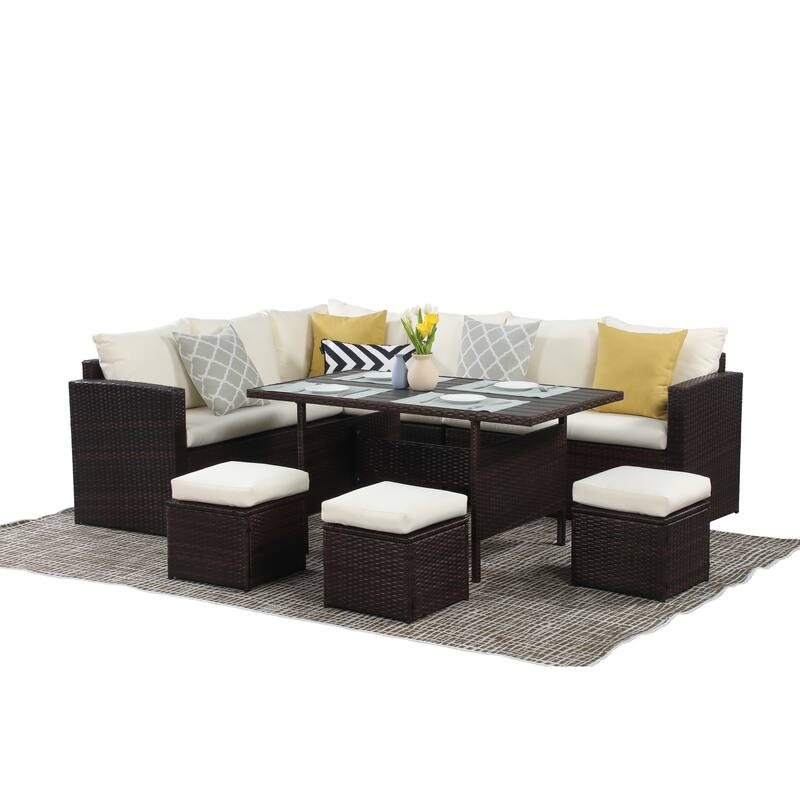 7 Pcs Patio Furniture Set, Outdoor Sectional Sofa Set, All Weather Rattan Conversation Set with High Dining Table and Ottoman