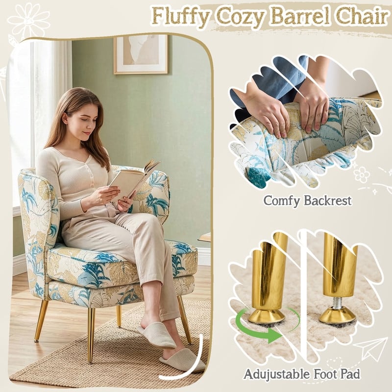 Mid Century Modern Upholstered Reading Chair with Lumbar Pillow, Gold Metal Legs, Small Space Friendly for Living Room Bedroom