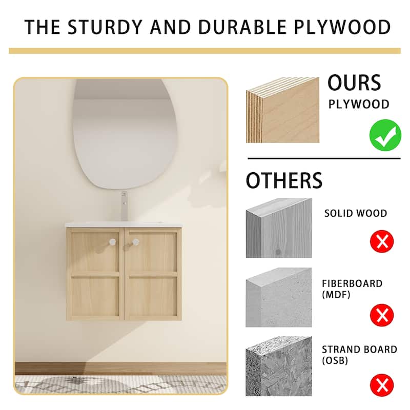 Malwee 24"/30" Floating Bathroom Vanity,Wall Mounted Bathroom Vanity with Ceramic Sink and Soft Close Door