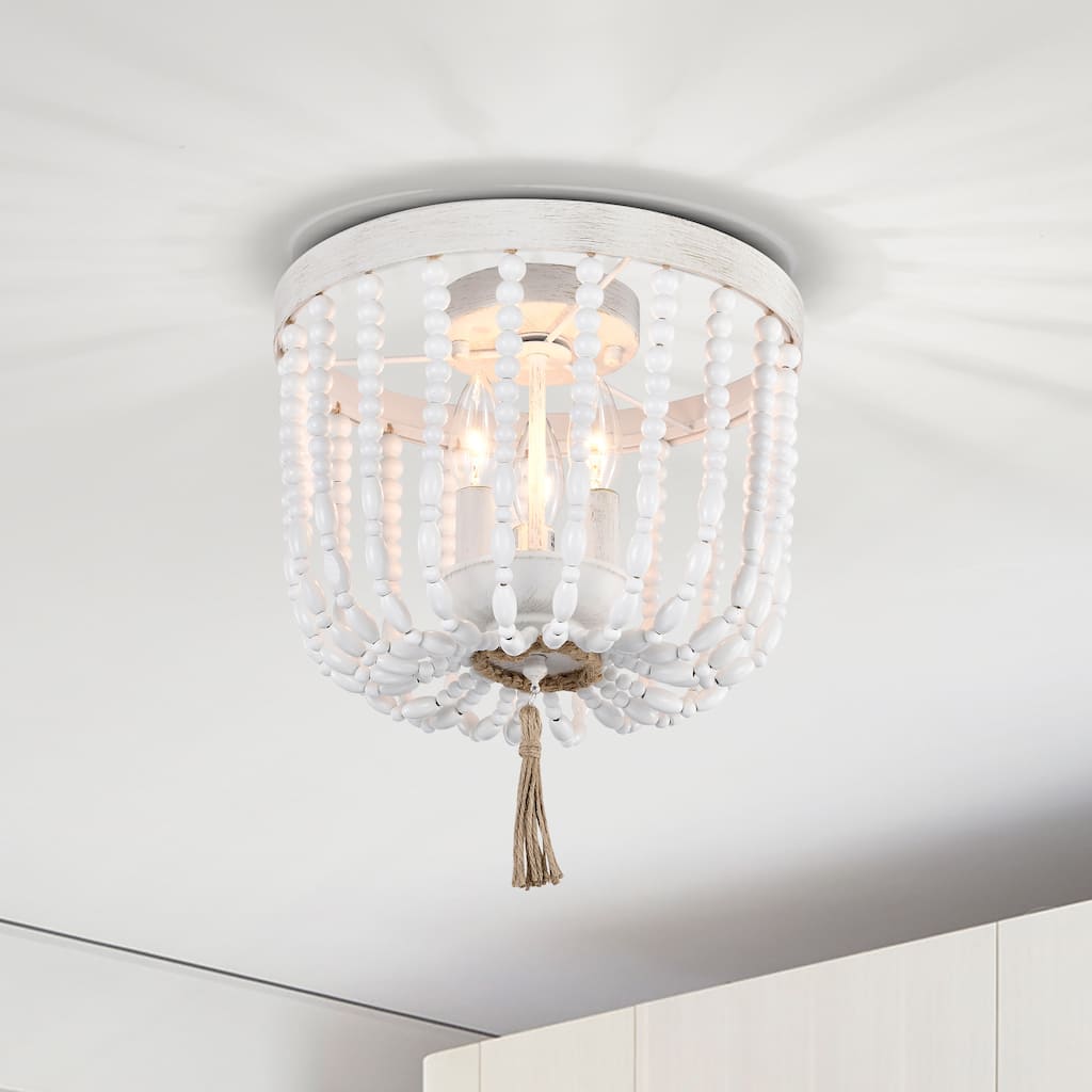 Wood Beaded Flush Mount Chandelier White Light Fixture Ceiling 3-Light