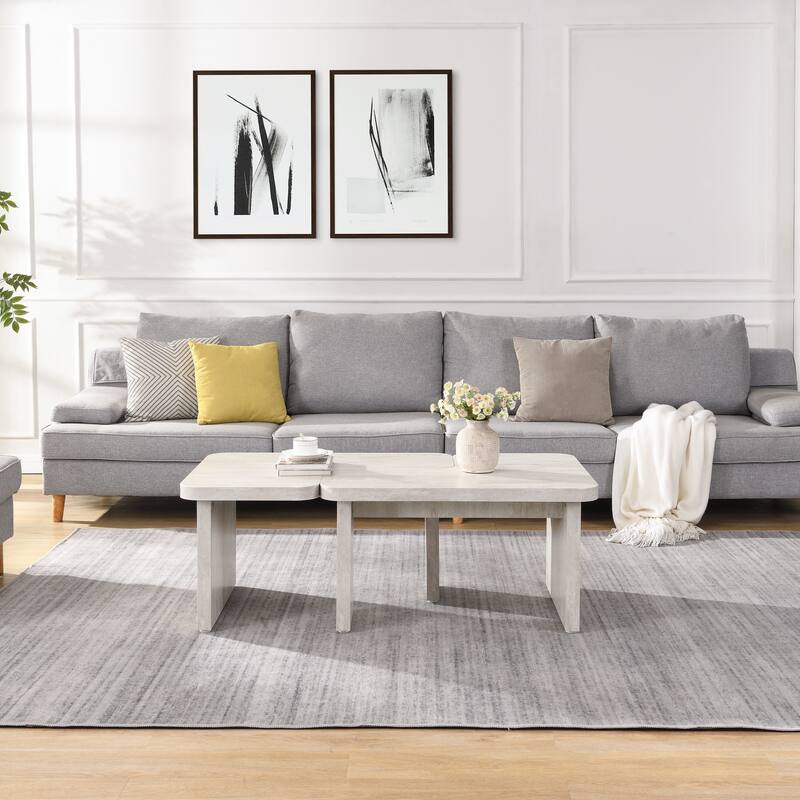 GDFStudio - Carter L-Shaped Farmhouse Coffee Table with Detachable Design - White Washed