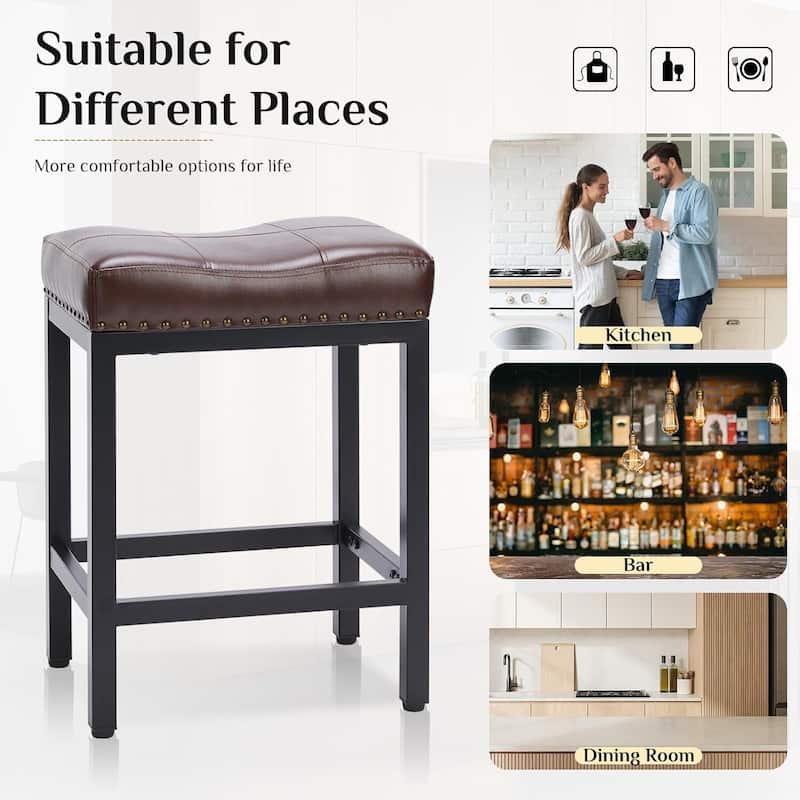 24 in. H Upholated PU Leather Thick Saddle Seat Counter Bar Stools Set of 2, Kitchen Chairs with Metal Base
