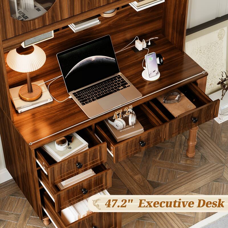 Retro Office Desk Executive Computer Desk with Charging Ports & Hutch, 5 Storage Drawers, Glass-Door Bookshelf