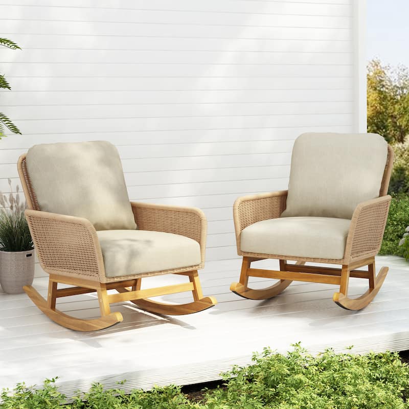 [Set of 2] Contemporary Beige Wicker Rocking Chair Polyester Cushions Wooden Frame Indoor Outdoor - Beige