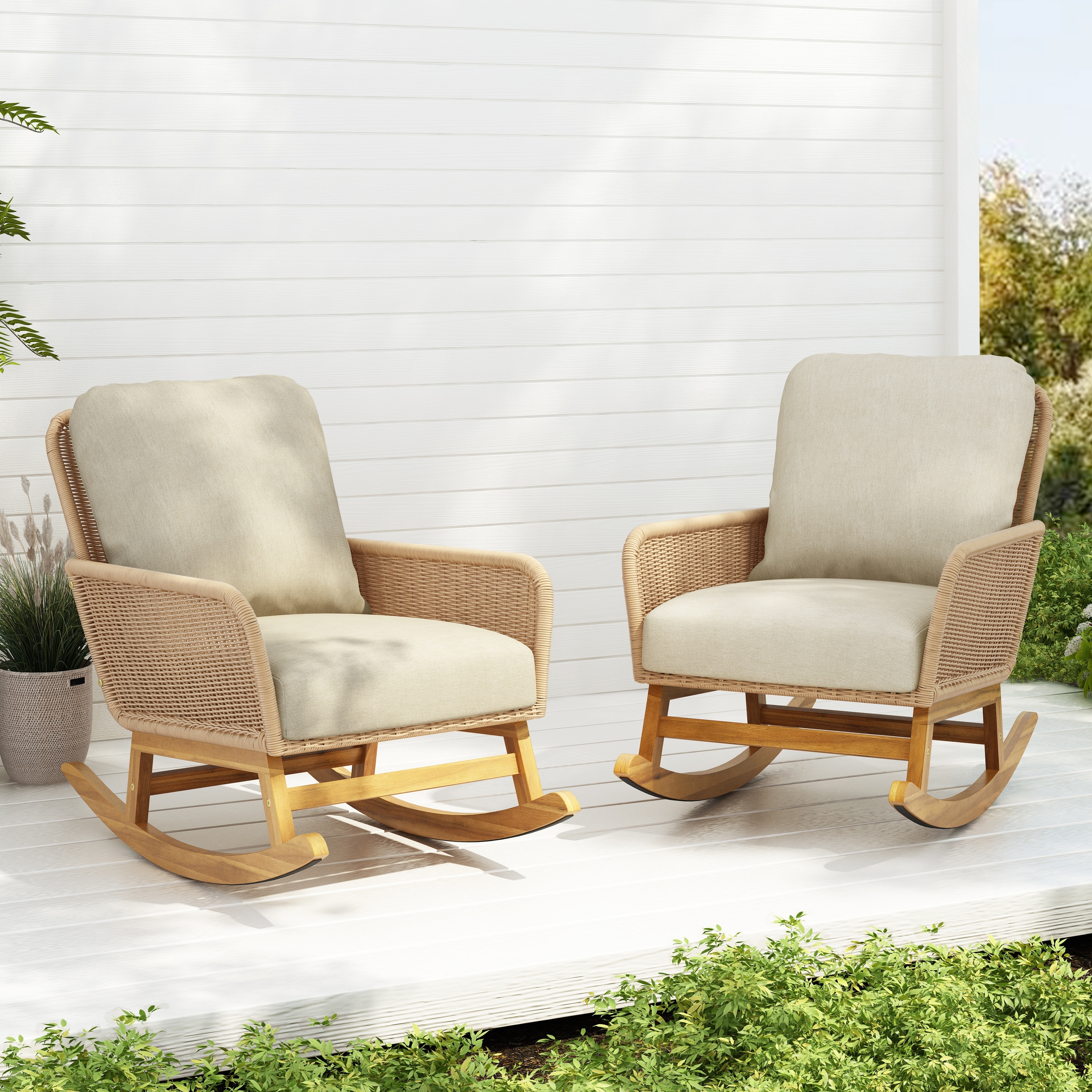 [Set of 2] Contemporary Beige Wicker Rocking Chair Polyester Cushions Wooden Frame Indoor Outdoor