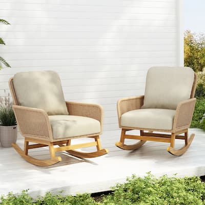 [Set of 2] Contemporary Minimalist Beige Wicker Rocking Chair with Soft Polyester Cushions and Durable Wooden Frame