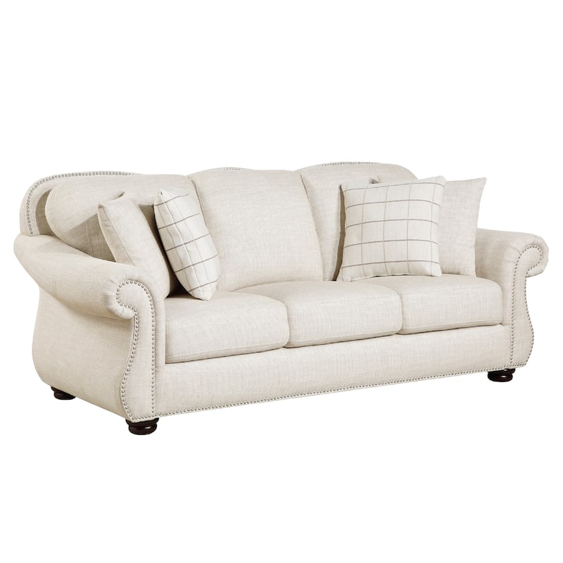 Boro Sofa with 4 Accent Pillows 85 Inch, Plush Beige Fabric