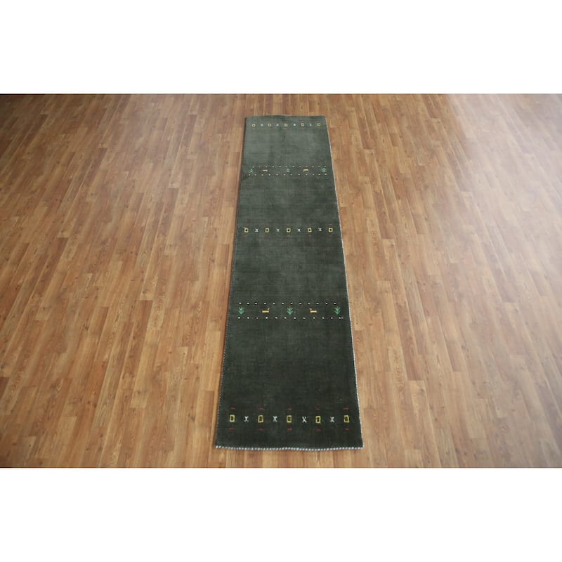 Animals Green Gabbeh Indian Runner Rug Hand-Knotted Wool Carpet - 2'4" x 9'2"