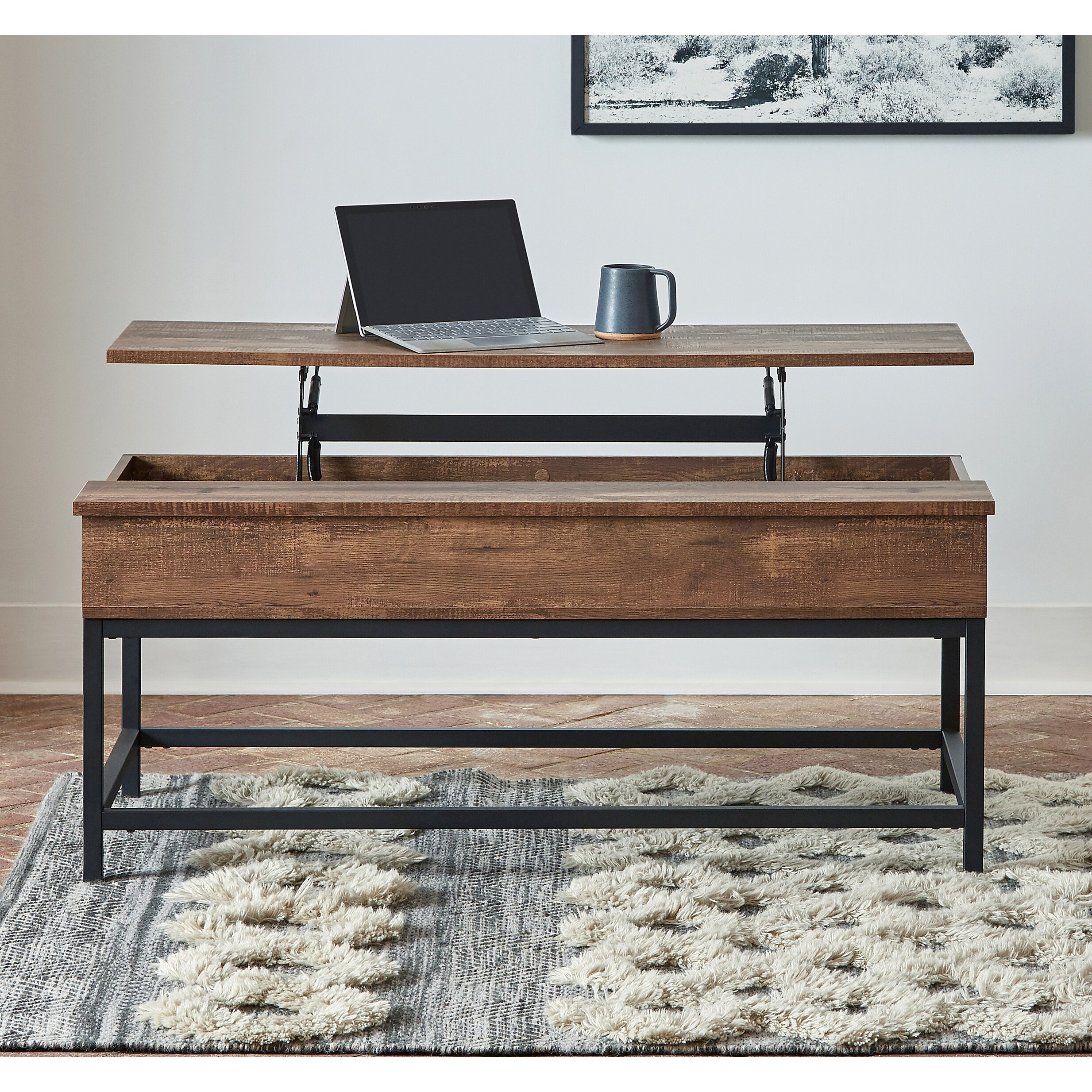 Brown Oak and Sandy Black Coffee Table with Hidden Storage -  Coaster, 723778