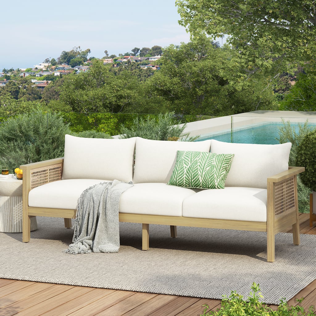 Christopher Knight Home - Nordic Modern Outdoor Acacia Wood & Wicker 3-Seater Sofa with Waterproof Cushions