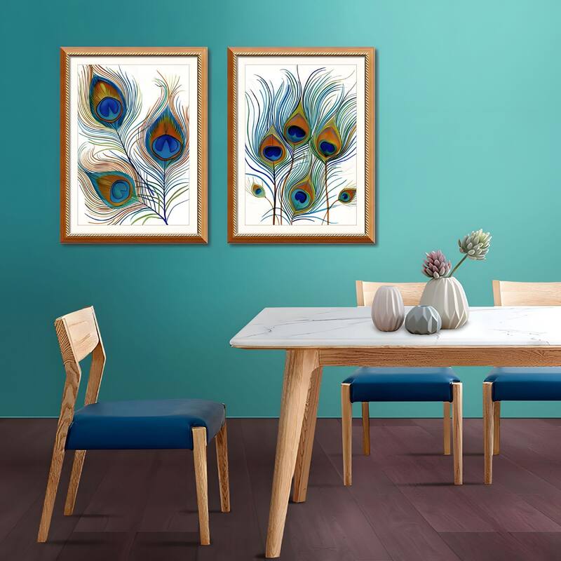 Set of 2 Peacock Feather Framed Wall Art - Replaceable Canvas Prints with Solid Wood Picture Frames, Elegant Botanical