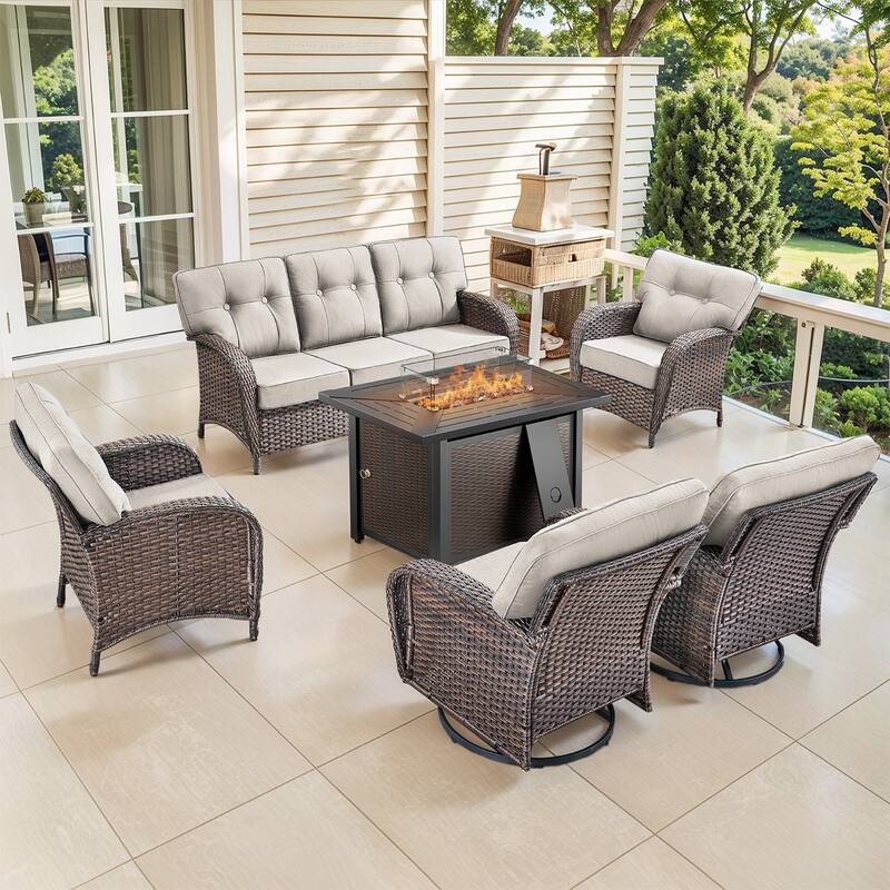 Pocassy Outdoor 43 In Fire Table with Sofa Swivel Patio Chair Set - Brown Wicker Beige Cushion - 6-Piece Sofa Patio Swivel Chair with Fire Table