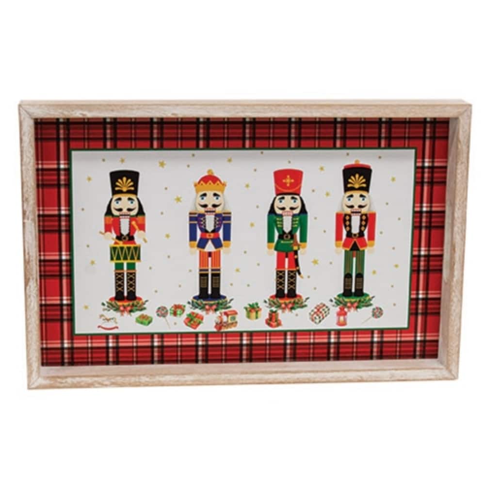Multi Color Wooden Holiday Tray with Nutcracker Print Festive Christmas Decor 15x10 in - 15.75 x 10 x 1.25 in.