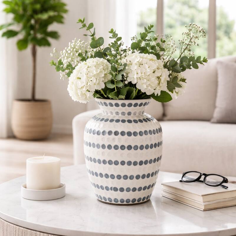 Decorative Vase - Shell Coastal Capiz Dots - Ivory and Blue