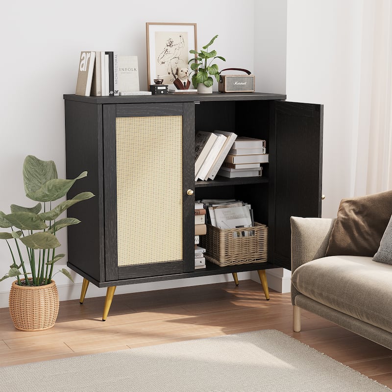 Farmhouse Rattan Storage Cabinet, Natural Buffet Sideboard - N/A