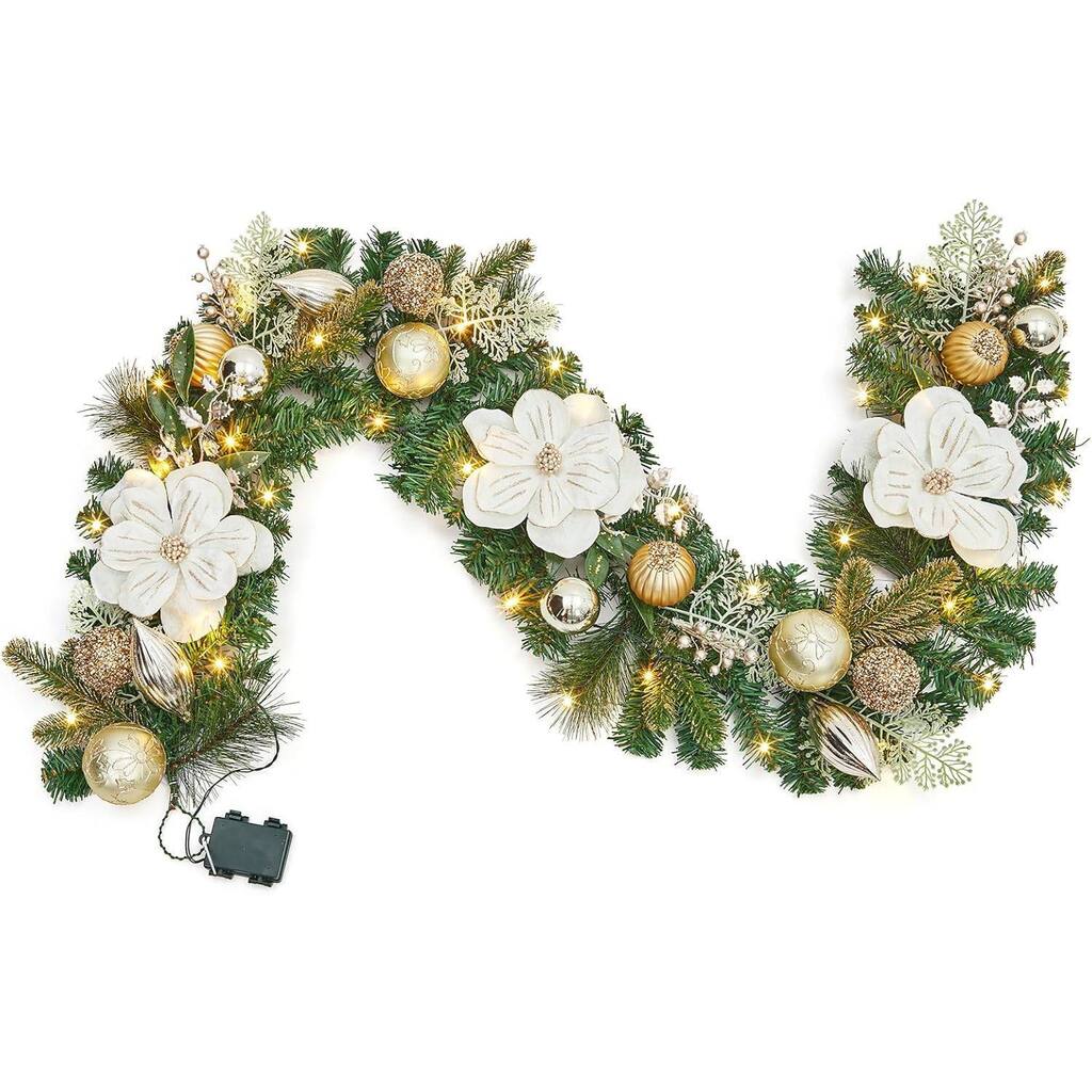 6ft Magnolia Flower Christmas Garland with Lights for Fireplace Stair - N/A