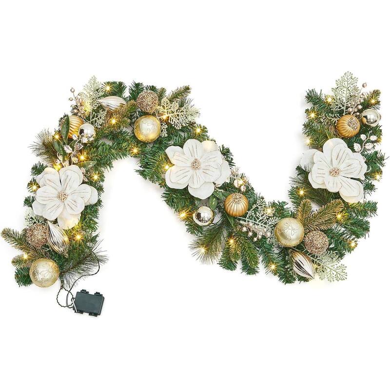 6ft Magnolia Flower Christmas Garland with Lights for Fireplace Stair - N/A - White
