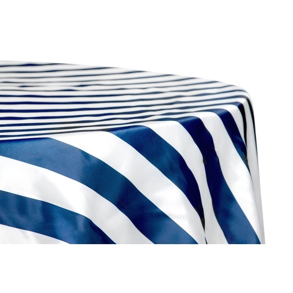 12 Pieces, Stripe 132" Satin Round Tablecloth Approx. 132" diameter with two side seams; Edge: Serged - Navy Blue & White
