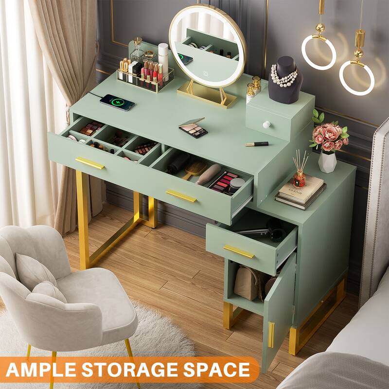 Vanity Desk with 4 Storage Drawers,Modern Makeup Vanity Table with Charging Station
