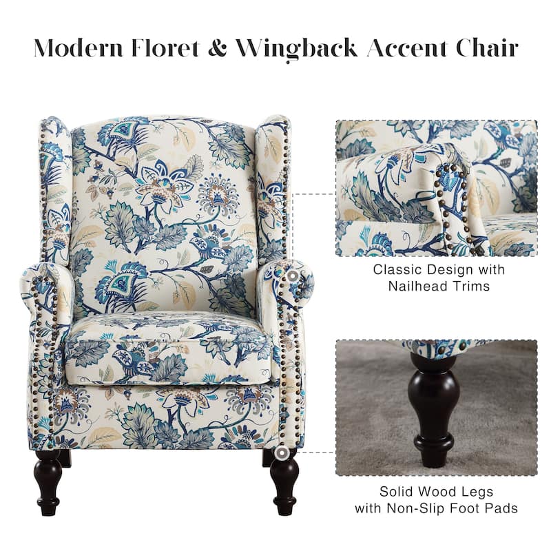 HOMYKA 29'' Wide Floral Pattern Wingback Accent Armchair with Nailhead Trim