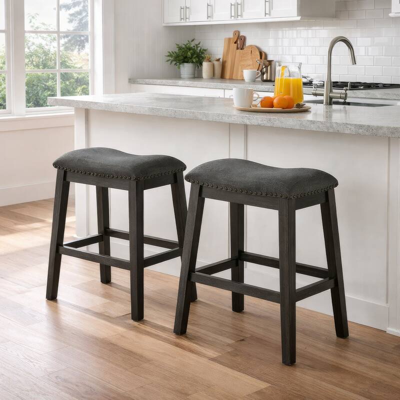 Fabric Saddle Counter Stool with Nailhead Trim, Set of 2, Gray