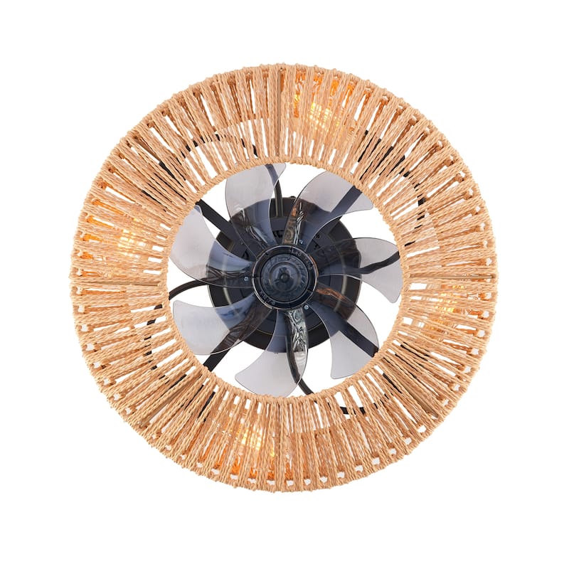 20" Rope Caged Ceiling Fans with Remote, Flush Mount Ceiling Fan with Light, Low Profile Chandelier 6 Speed DC Motor