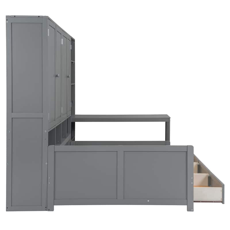 Full Size Daybed, All-in-one Storage Daybed w/ 3 Drawers, Cabinet, Wooden Twin Day Bed Frame w/ Wood Slat Support, Desk