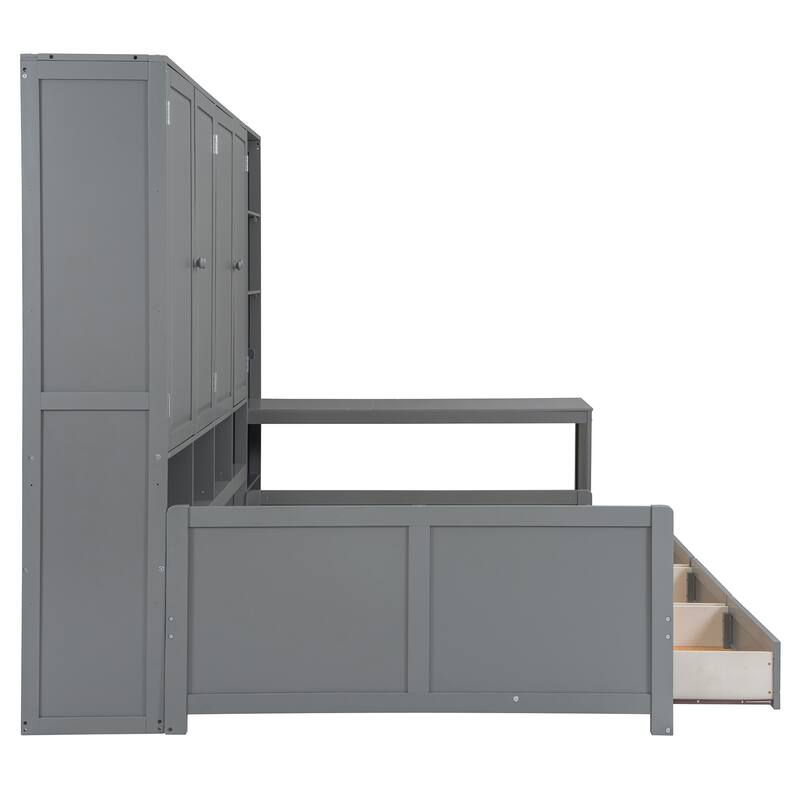 Wooden Daybed Frame All-in-One Bookcase Captains Bed with Storage Cabinet, Wardrobe, Side Writing Desk and 3 Bottom Drawers