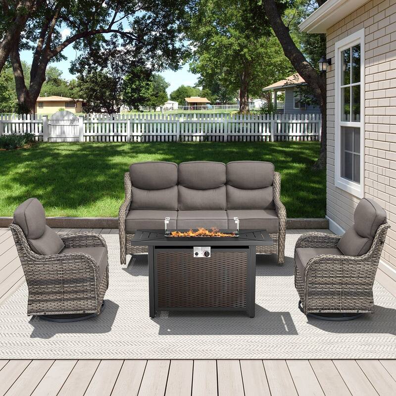 Arcadia 4-Piece PE Wicker Patio Seating Set with Durable All-Iron Fire Pit and 6-Inch Cushions - Gray Cushions - Gray Wicker
