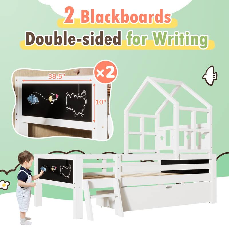 Twin Size House Bed with Ladder, Storage Drawer & Double-Sided Blackboard - No Box Spring Needed, Fun & Creative Design