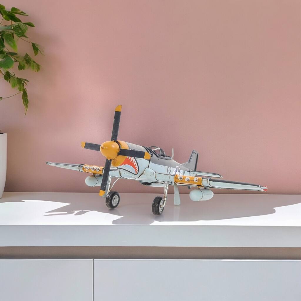 6" Grey Mustang Metal Hand Painted Decorative Airplane - 13.5' X '5.5' X '12.25
