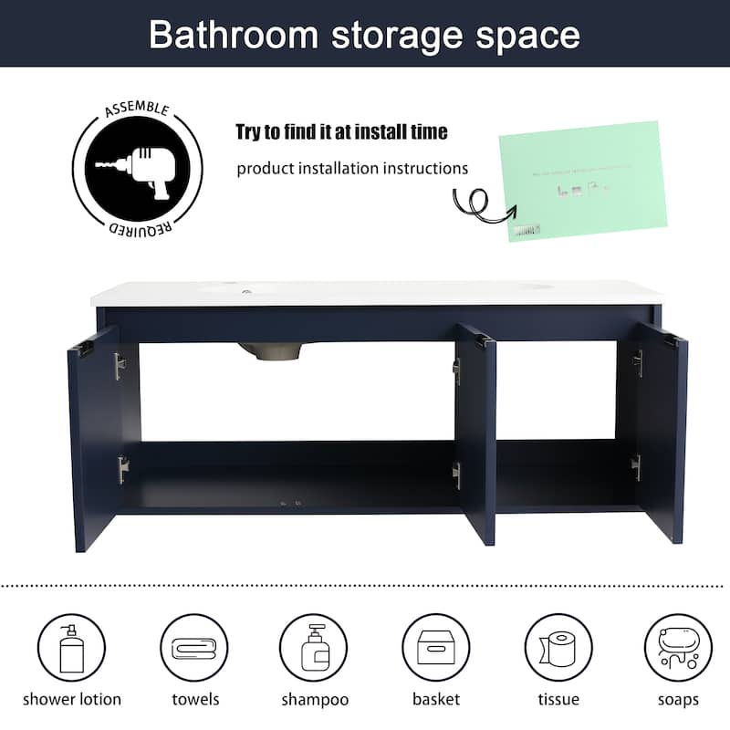 Malwee 24"/36"/48" Floating Bathroom Vanity, Wall Mounted Bathroom Vanity with Resin Top,Soft Close Doors