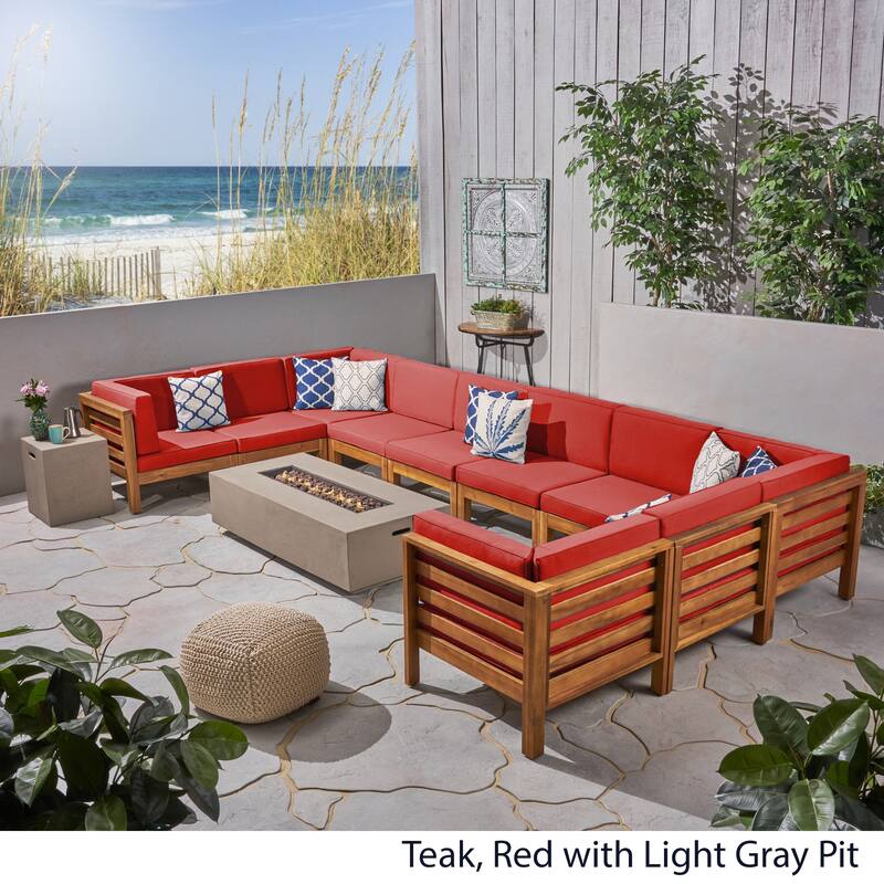 Oana Outdoor 12-Piece U-Shaped Acacia Wood Sectional Sofa Set with Fire Pit by Christopher Knight Home