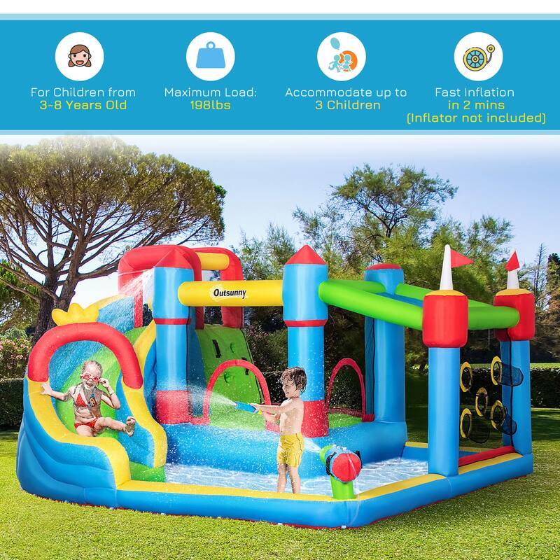 Outsunny 6-in-1 Inflatable Water Slide, Kids Water Park Castle Bounce House with Pool, Slide, Trampoline, Climbing throwing Wall