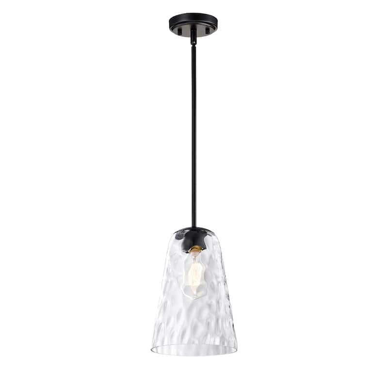 Matte Black 1-Light 8 in. Modern Mini Pendant with Hammered Glass Shade