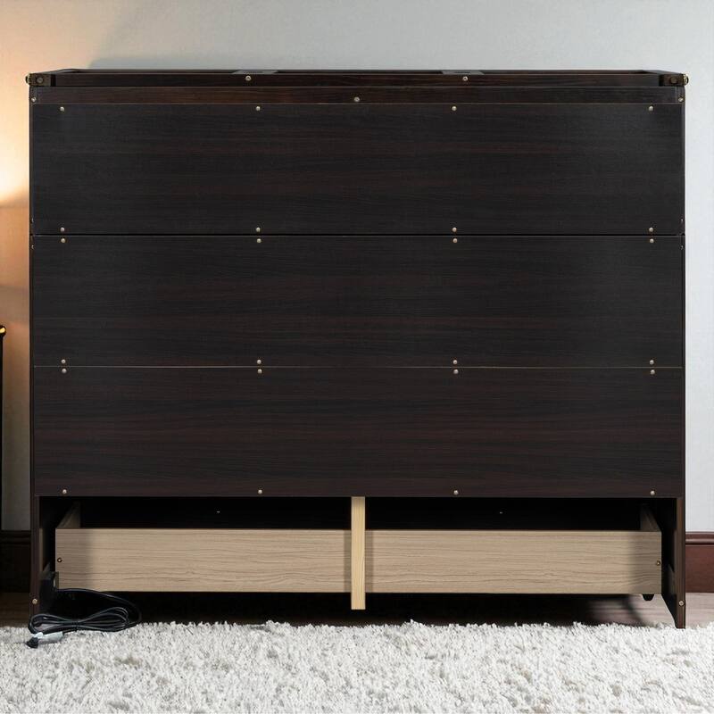 Full Size Murphy Bed Cabinet with USB Ports and Storage Drawer, Foldable Space-Saving Bed Frame
