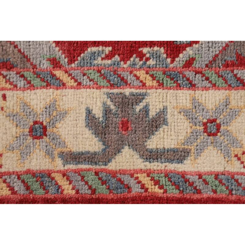 Red Kazak Accent Rug Handmade Geometric Wool Carpet - 3'4"x 4'8"