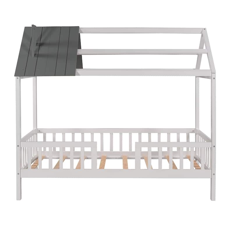 Merax Twin/Full Size Wood House Bed with Fence