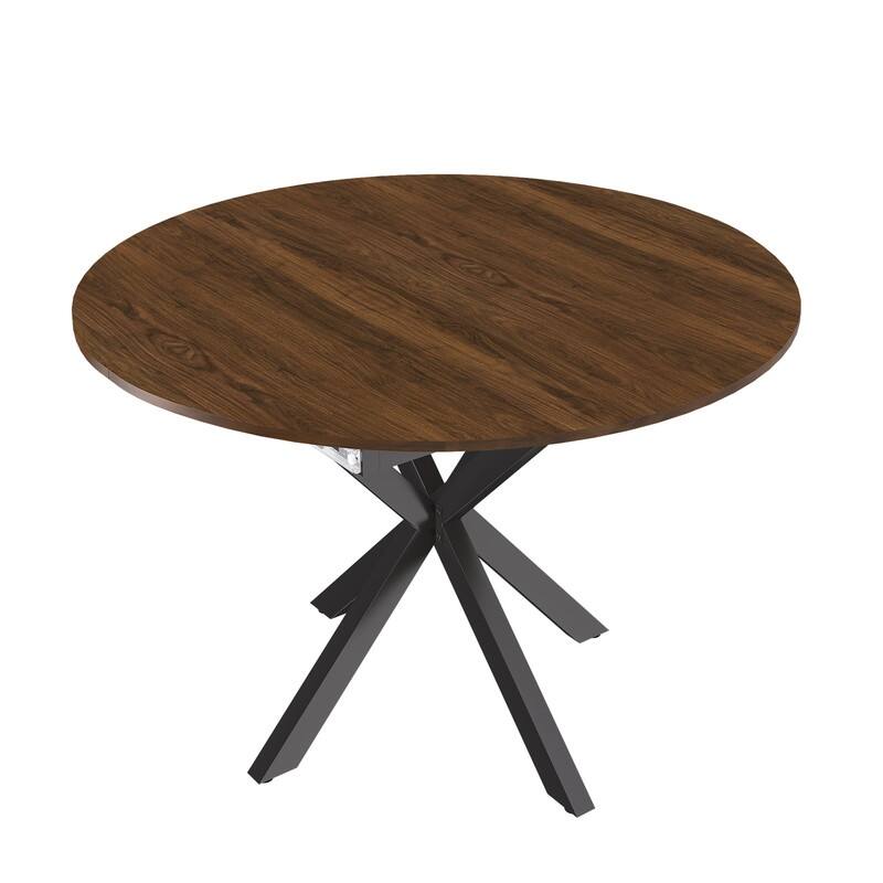 42" to 58" Extendable Round Dining Table, Modern Wood Veneer Top & Carbon Steel X-Base
