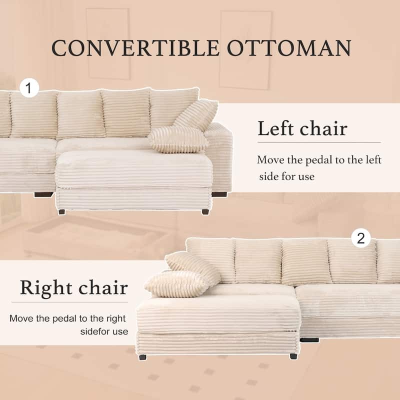 108.66" Thickened Corduroy Sectional Sofa with Storage Ottoman & Throw Pillows