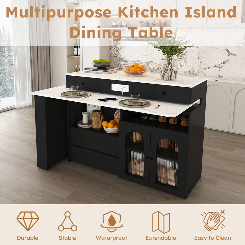 Kitchen Island with Extendable & Rotating Table, Kitchen Table with Power Outlet, 4 Drawers & Glass Door Cabinets
